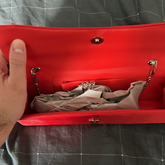 Red Pleated Clutch Purse with Rhinestone Brooch Accent - Picture 4 of 4